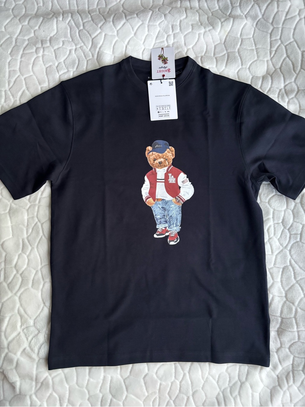 Denim & Flower Navy Tee with Teddy Varsity Graphic